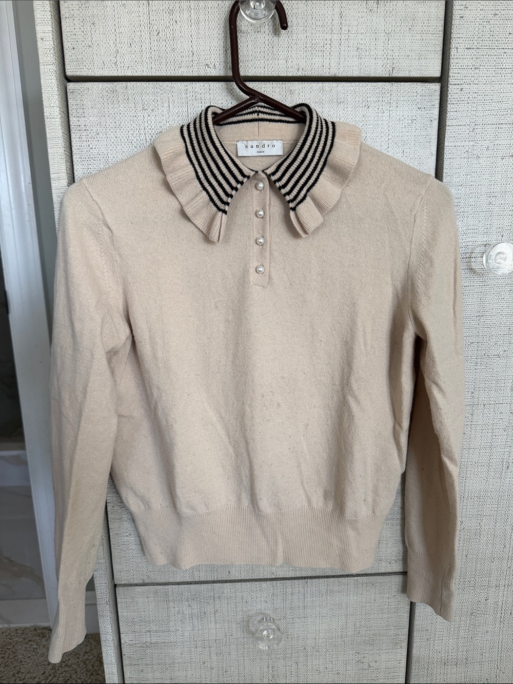 Sandro 100% Wool Beige Knit Polo with Striped Ruffle Collar